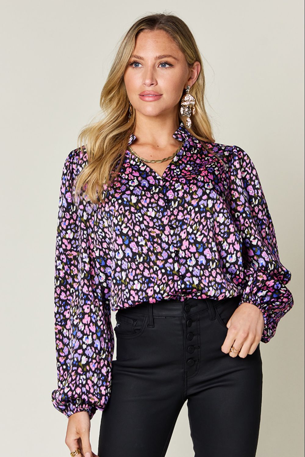 Double Take Full Size Printed Long Sleeve Blouse - Loulou Boutique