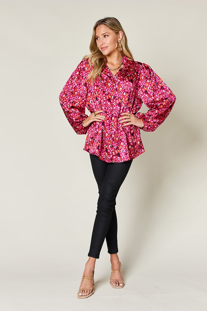 Double Take Full Size Printed Long Sleeve Blouse - Loulou Boutique