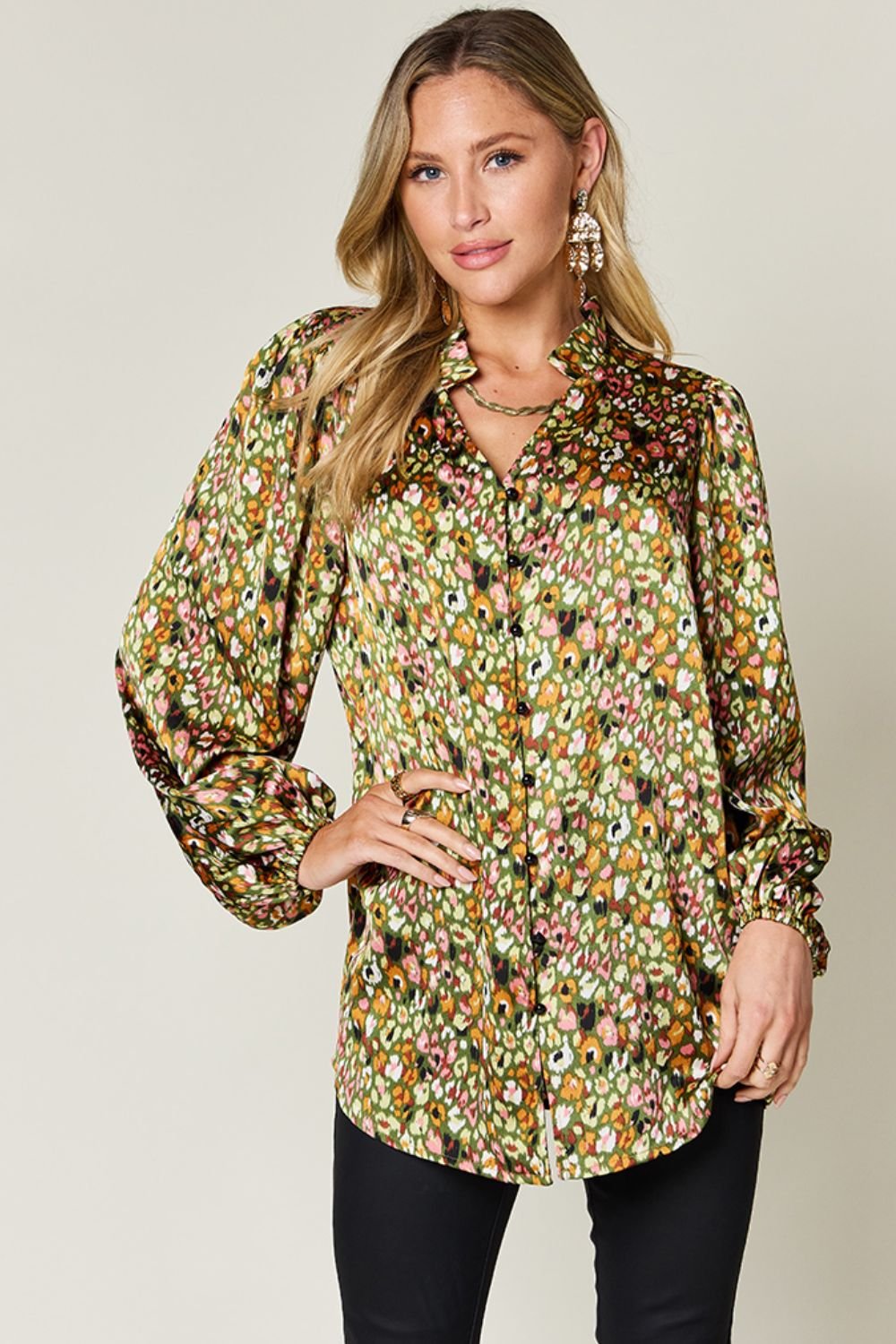 Double Take Full Size Printed Long Sleeve Blouse - Loulou Boutique