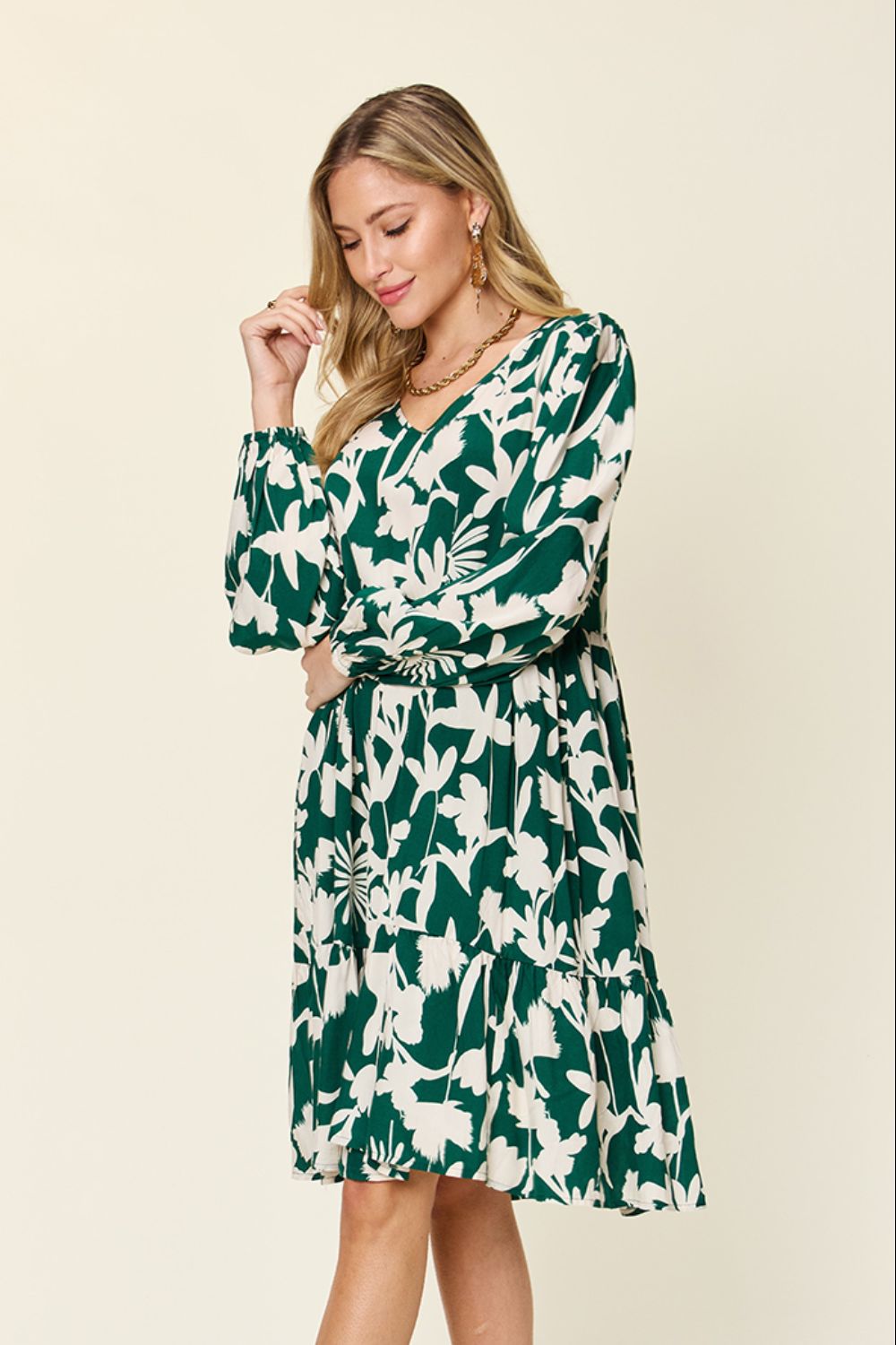 Double Take Full Size Printed Ruffle Hem Long Sleeve Dress - Loulou Boutique