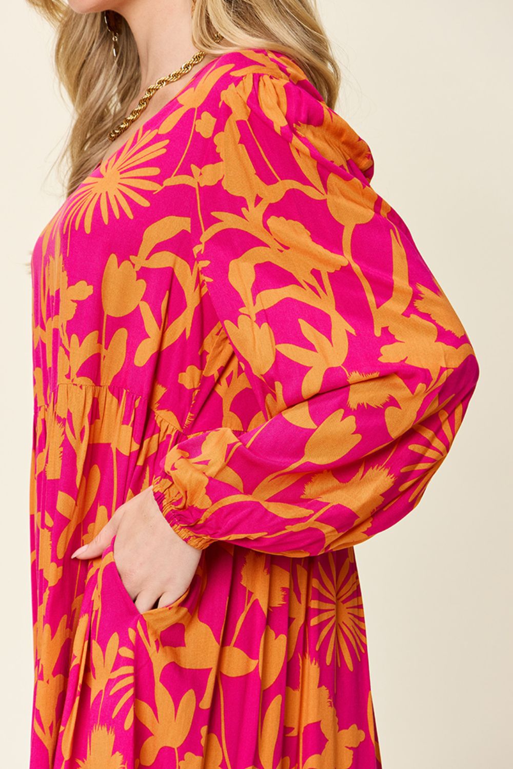 Double Take Full Size Printed Ruffle Hem Long Sleeve Dress - Loulou Boutique