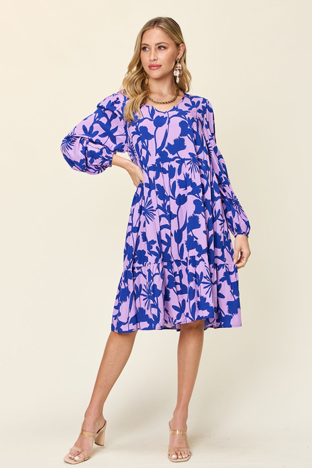 Double Take Full Size Printed Ruffle Hem Long Sleeve Dress - Loulou Boutique
