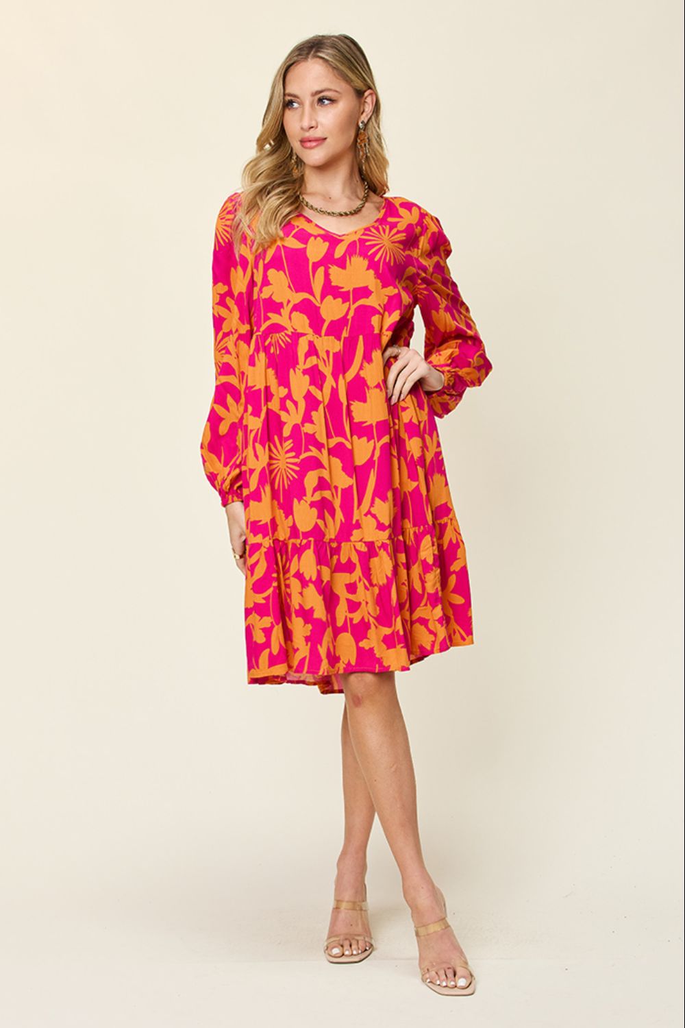 Double Take Full Size Printed Ruffle Hem Long Sleeve Dress - Loulou Boutique