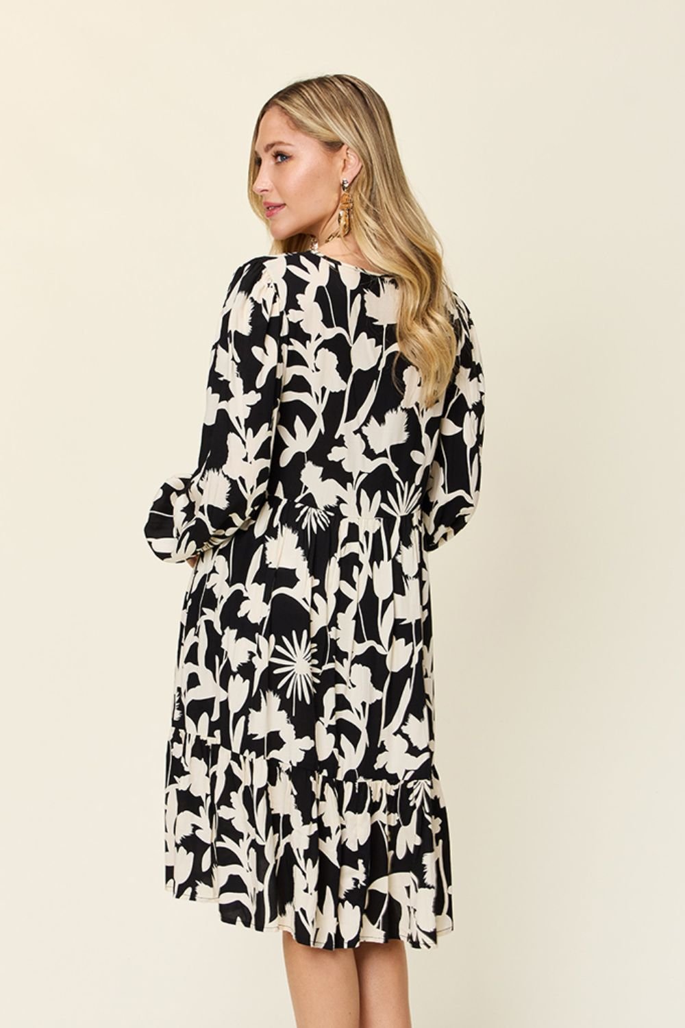 Double Take Full Size Printed Ruffle Hem Long Sleeve Dress - Loulou Boutique