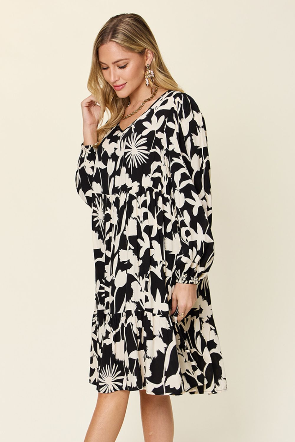 Double Take Full Size Printed Ruffle Hem Long Sleeve Dress - Loulou Boutique
