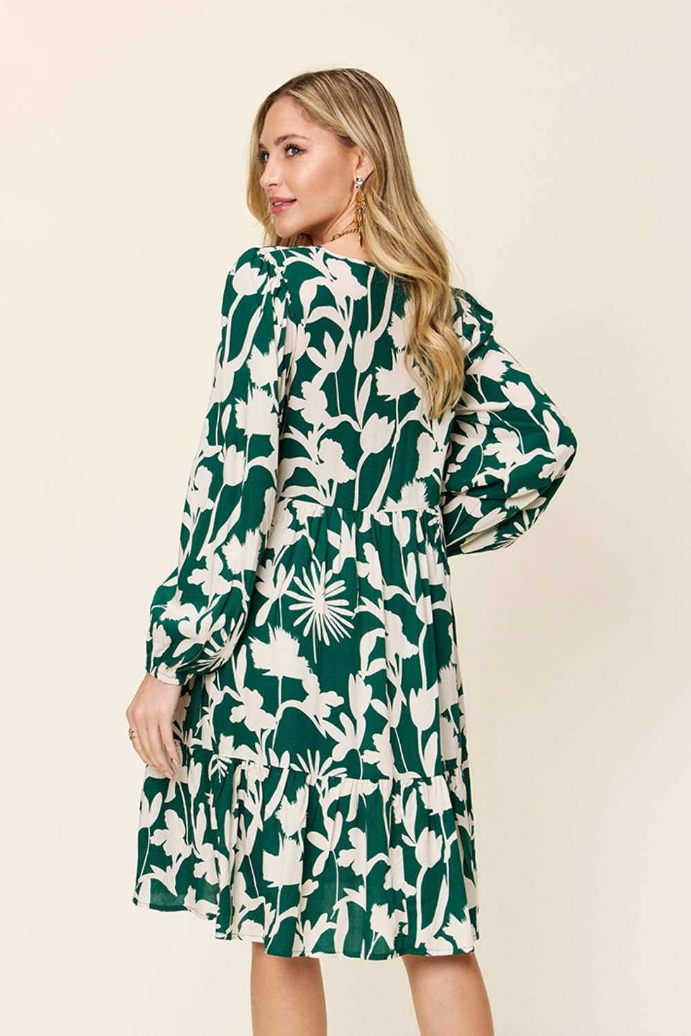 Double Take Full Size Printed Ruffle Hem Long Sleeve Dress - Loulou Boutique