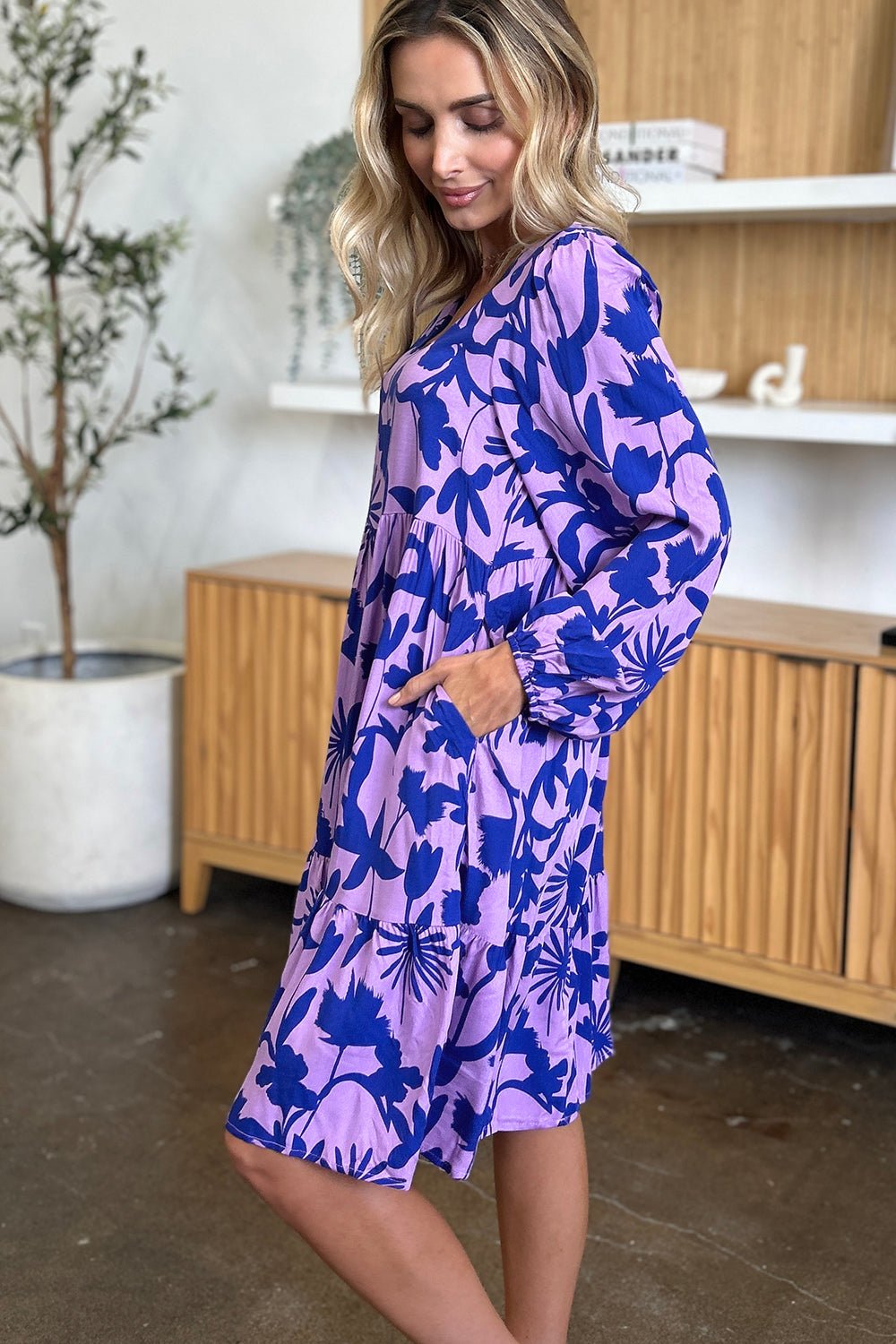 Double Take Full Size Printed Ruffle Hem Long Sleeve Dress - Loulou Boutique