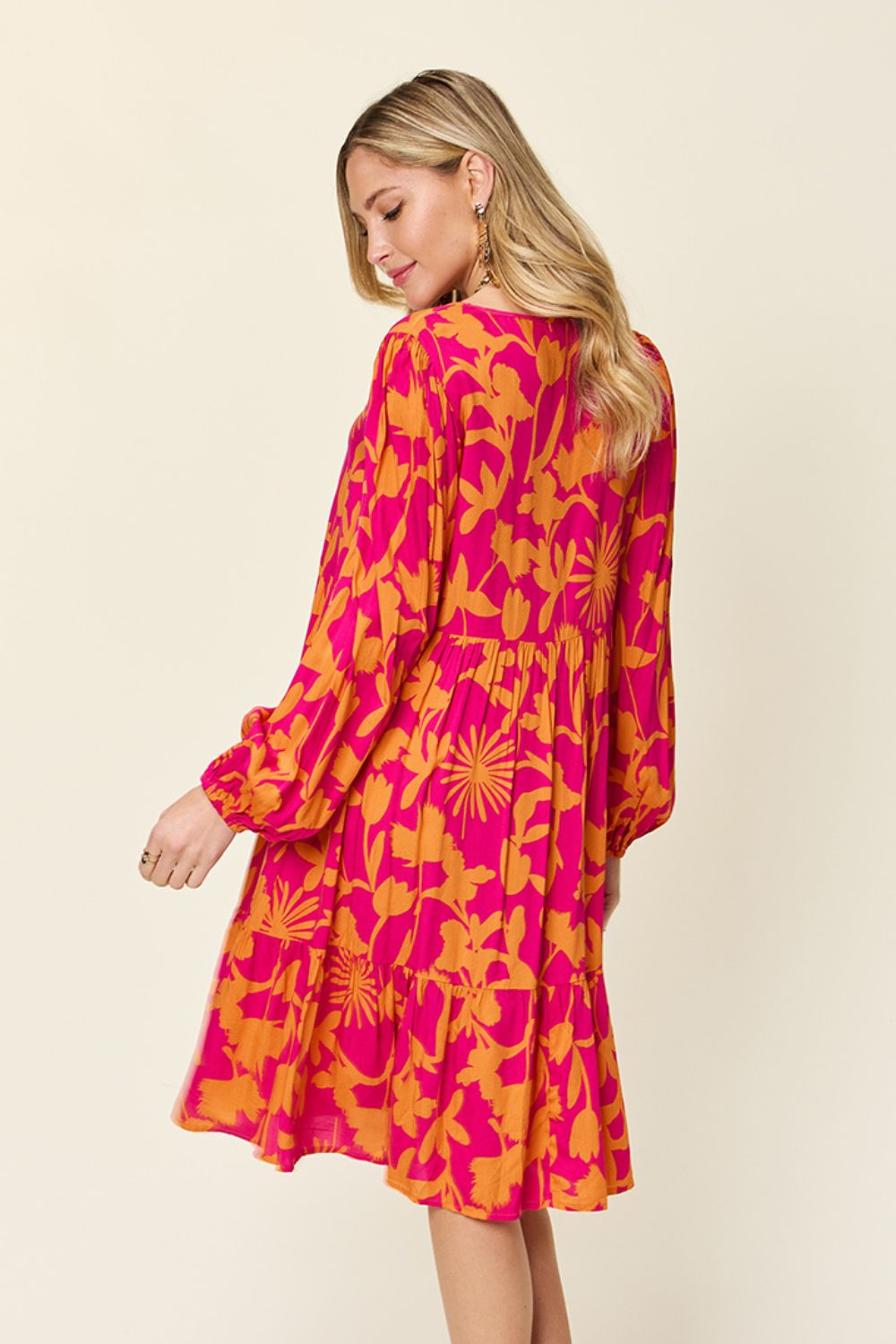 Double Take Full Size Printed Ruffle Hem Long Sleeve Dress - Loulou Boutique