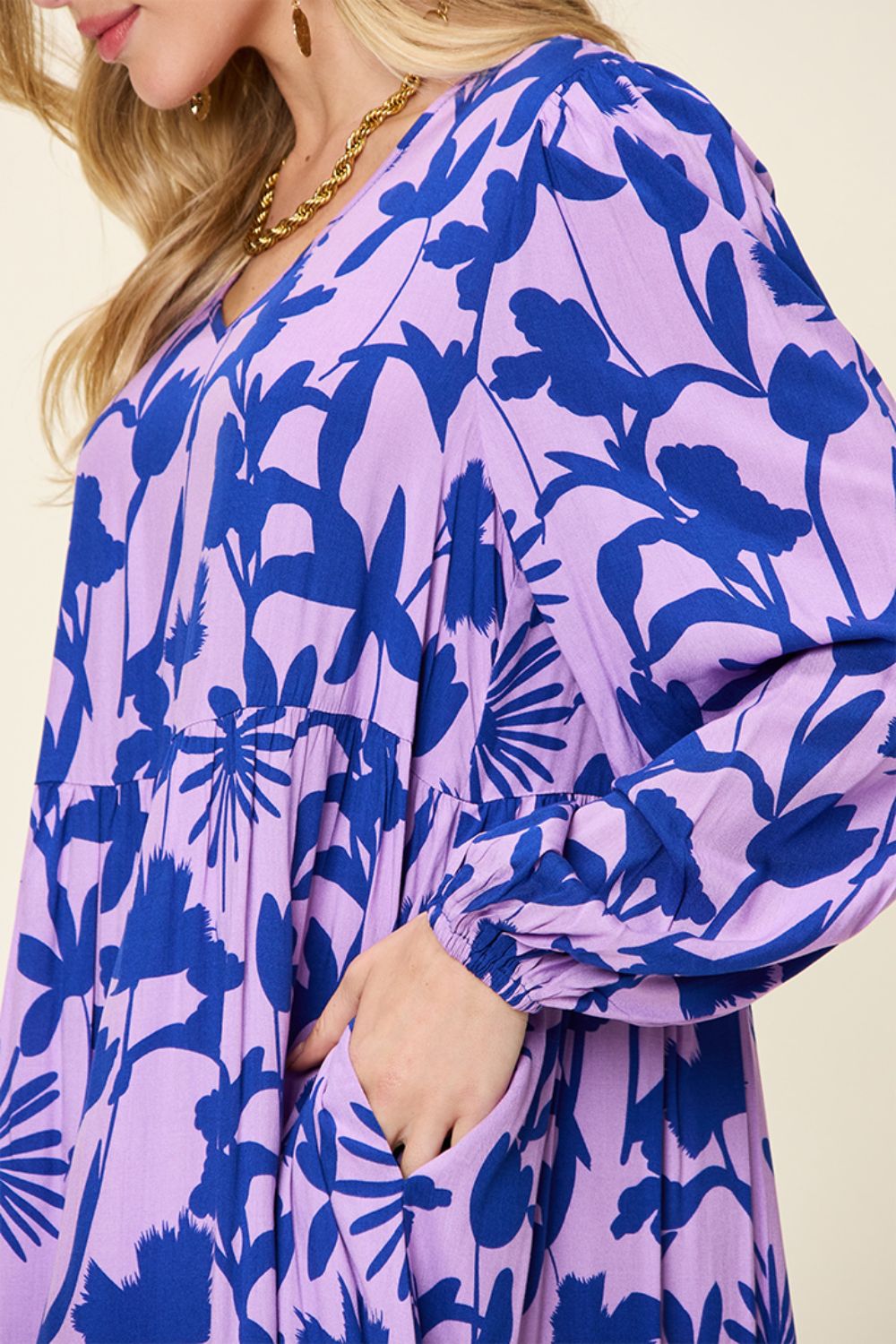 Double Take Full Size Printed Ruffle Hem Long Sleeve Dress - Loulou Boutique