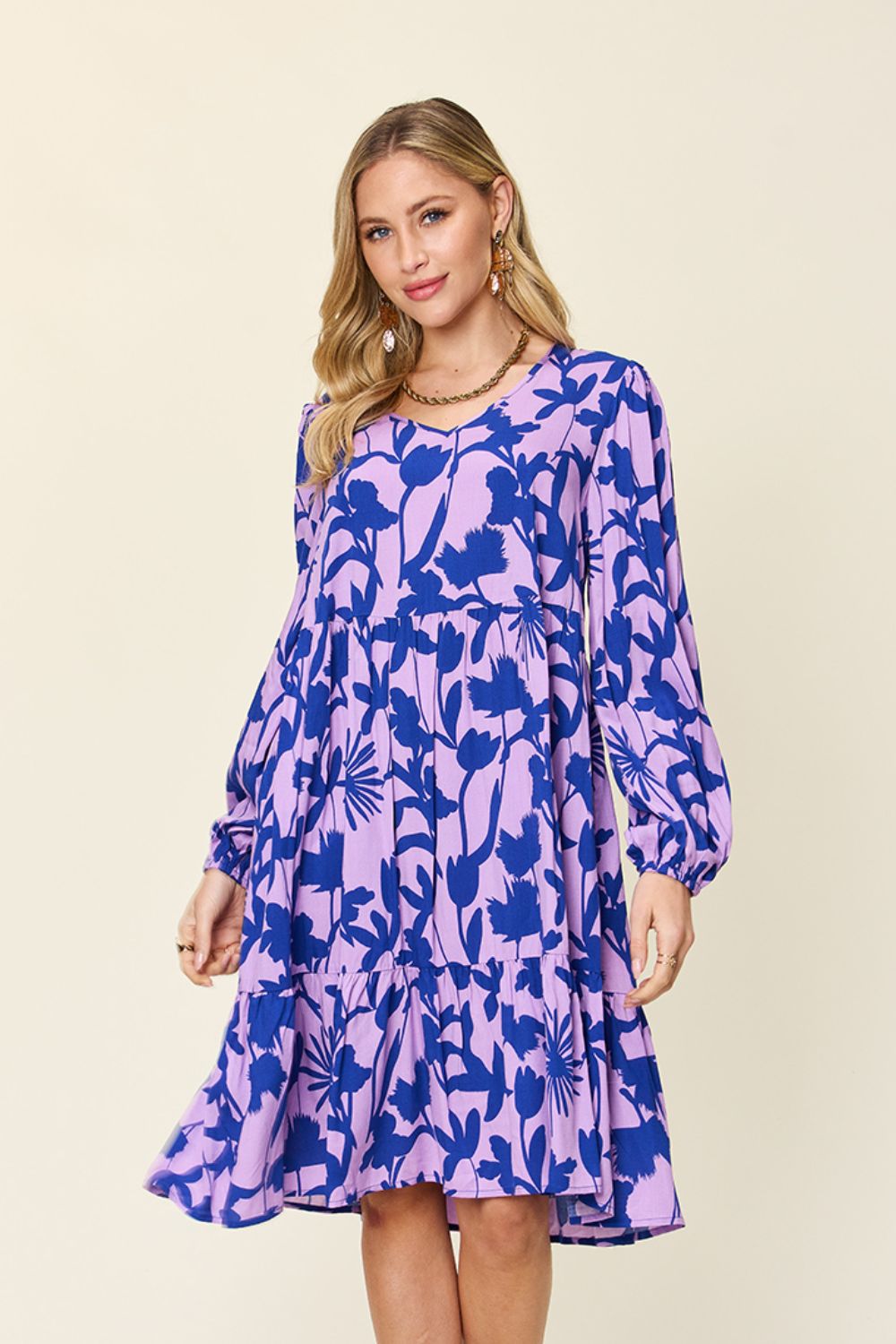 Double Take Full Size Printed Ruffle Hem Long Sleeve Dress - Loulou Boutique