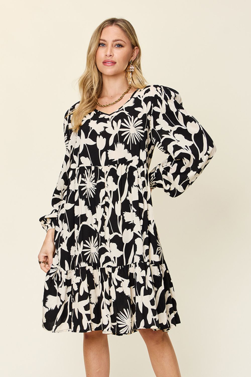 Double Take Full Size Printed Ruffle Hem Long Sleeve Dress - Loulou Boutique