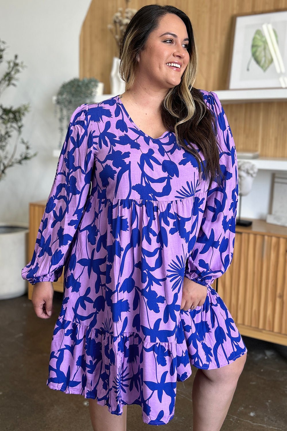 Double Take Full Size Printed Ruffle Hem Long Sleeve Dress - Loulou Boutique