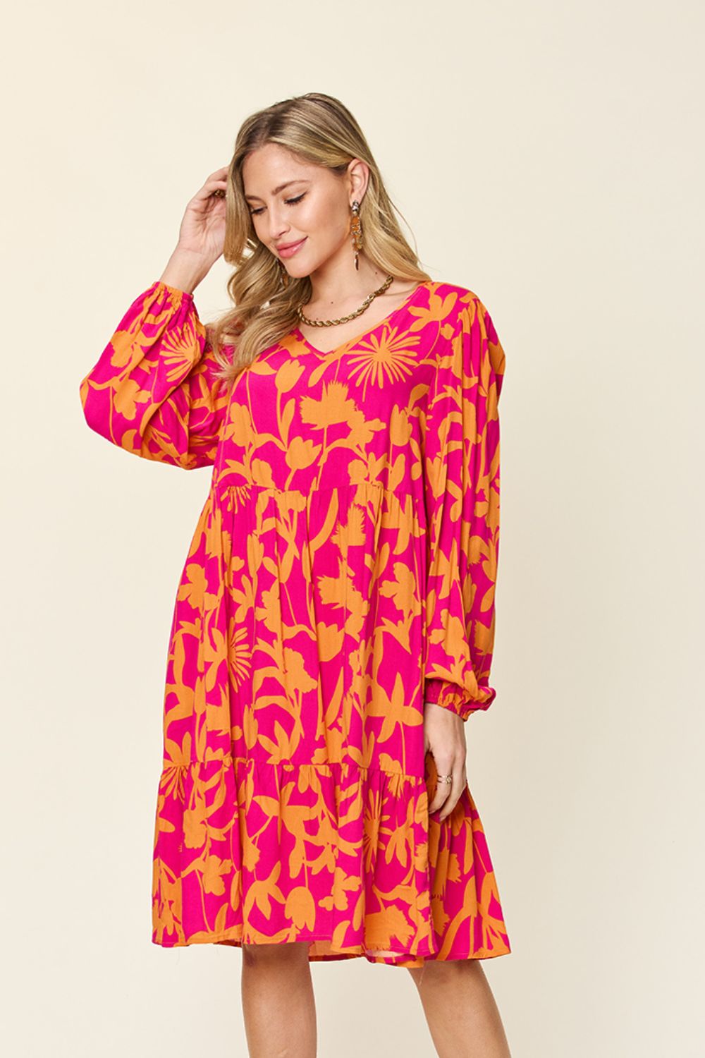 Double Take Full Size Printed Ruffle Hem Long Sleeve Dress - Loulou Boutique