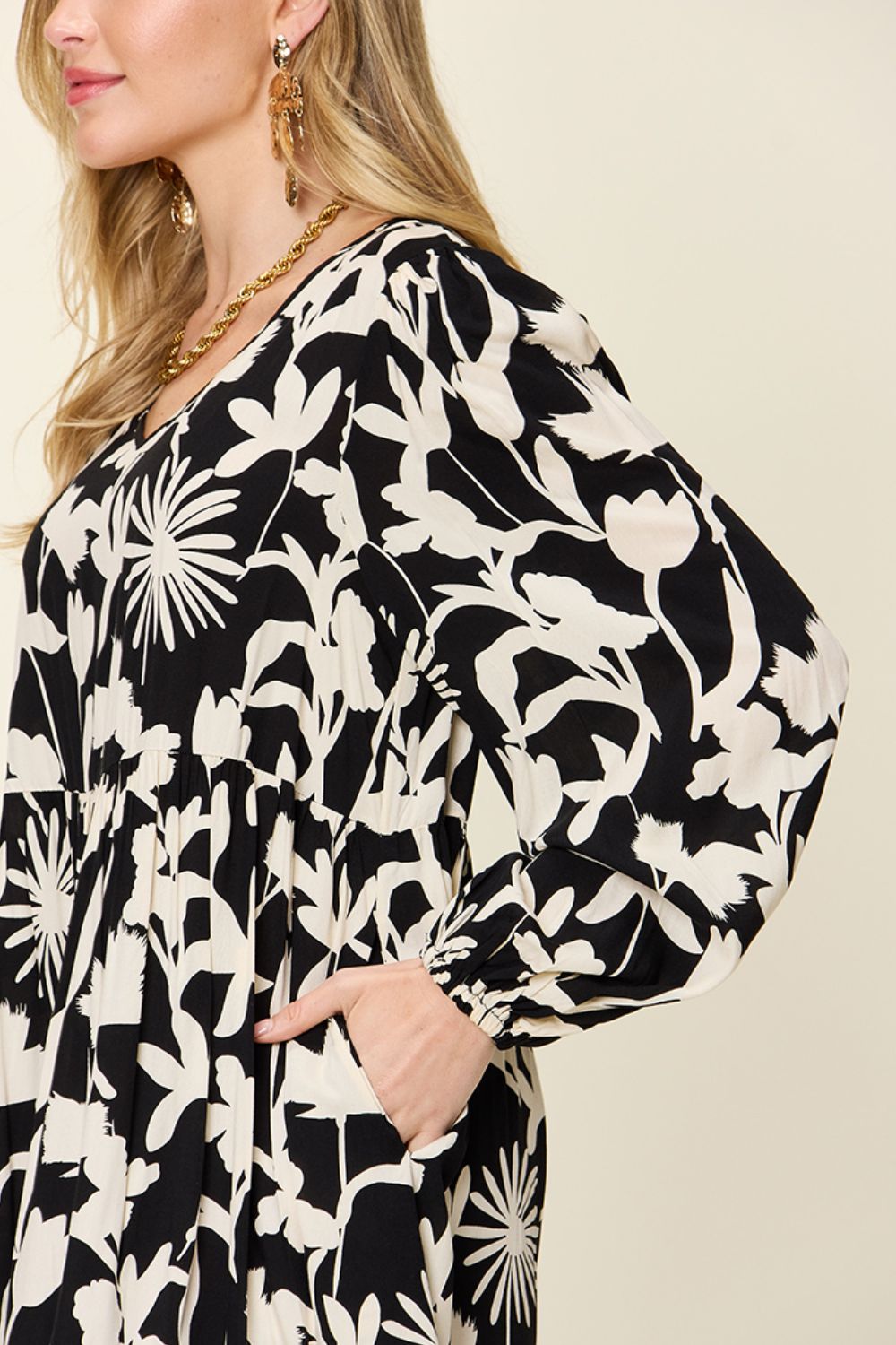 Double Take Full Size Printed Ruffle Hem Long Sleeve Dress - Loulou Boutique