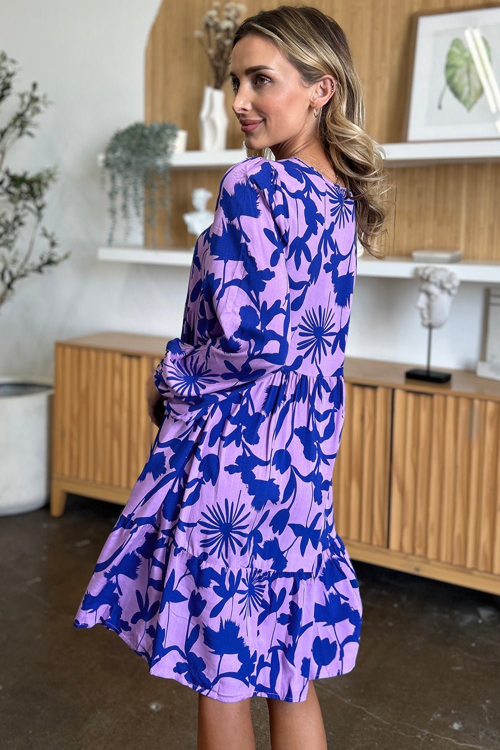 Double Take Full Size Printed Ruffle Hem Long Sleeve Dress - Loulou Boutique