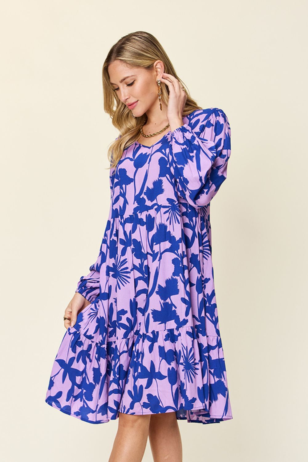 Double Take Full Size Printed Ruffle Hem Long Sleeve Dress - Loulou Boutique