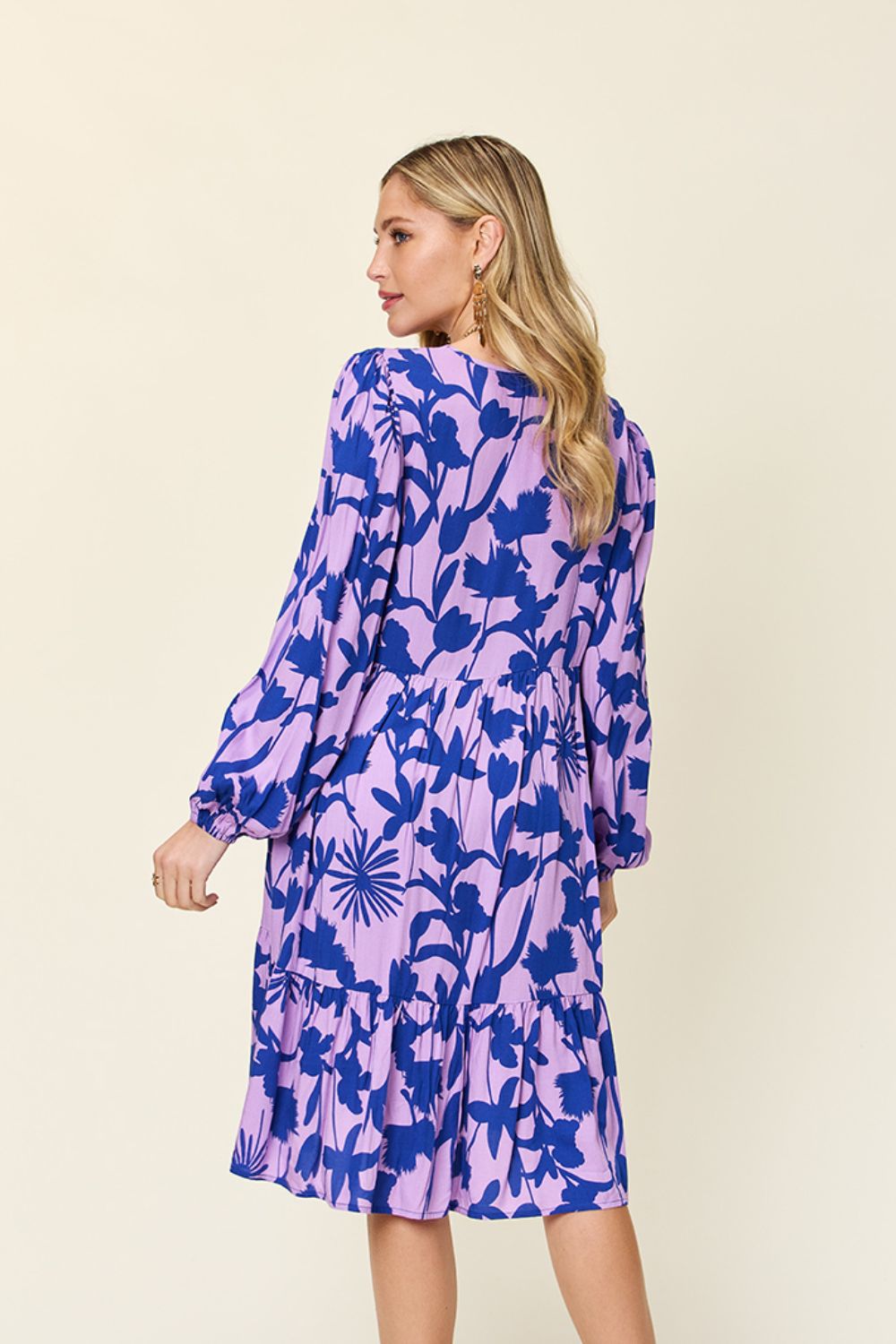 Double Take Full Size Printed Ruffle Hem Long Sleeve Dress - Loulou Boutique