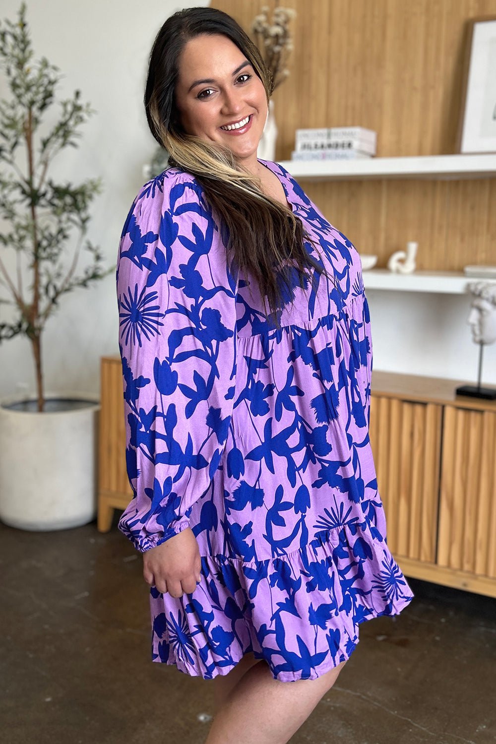 Double Take Full Size Printed Ruffle Hem Long Sleeve Dress - Loulou Boutique