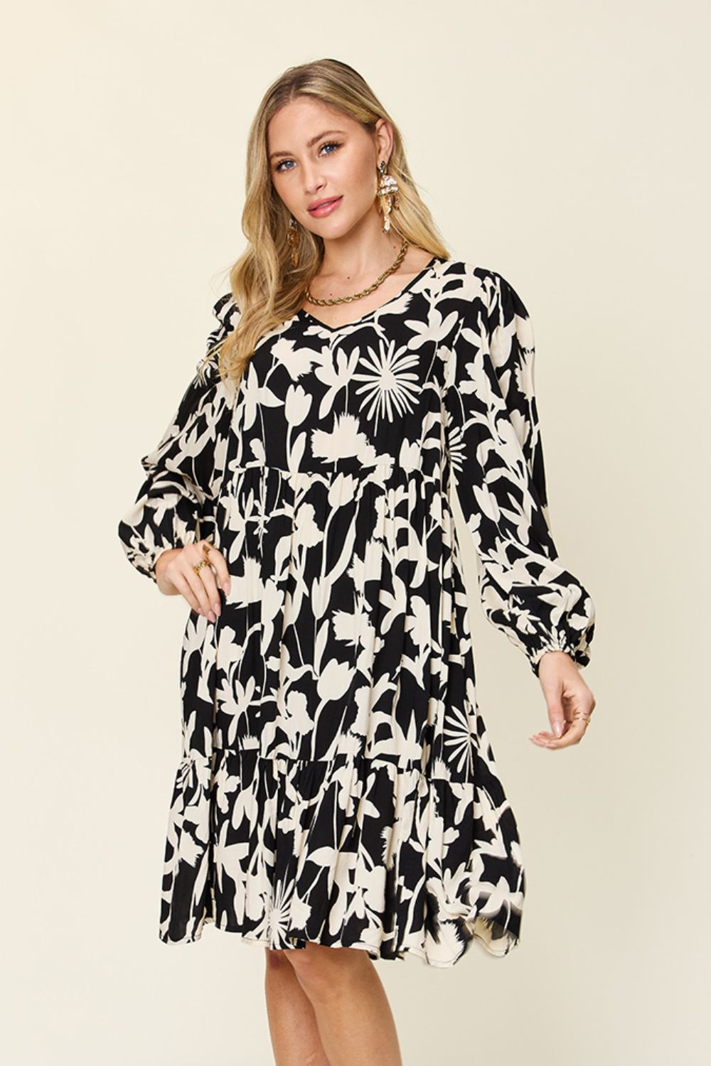 Double Take Full Size Printed Ruffle Hem Long Sleeve Dress - Loulou Boutique