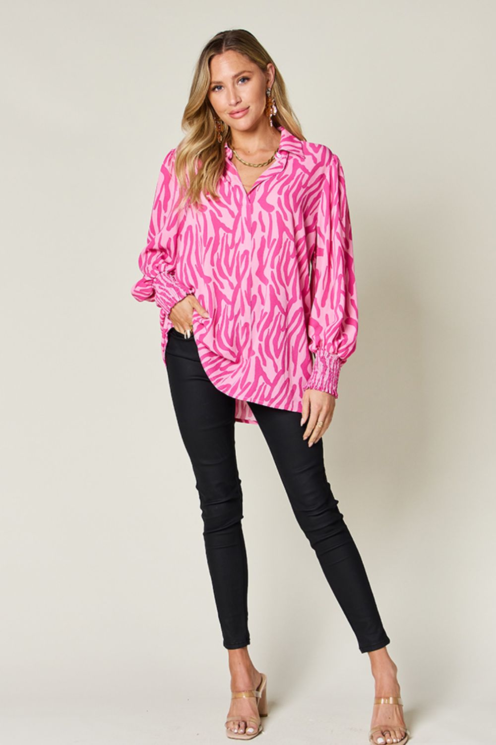 Double Take Full Size Printed Smocked Long Sleeve Blouse - Loulou Boutique