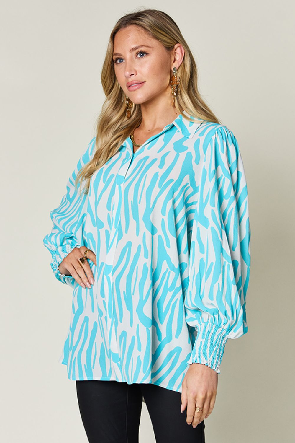 Double Take Full Size Printed Smocked Long Sleeve Blouse - Loulou Boutique