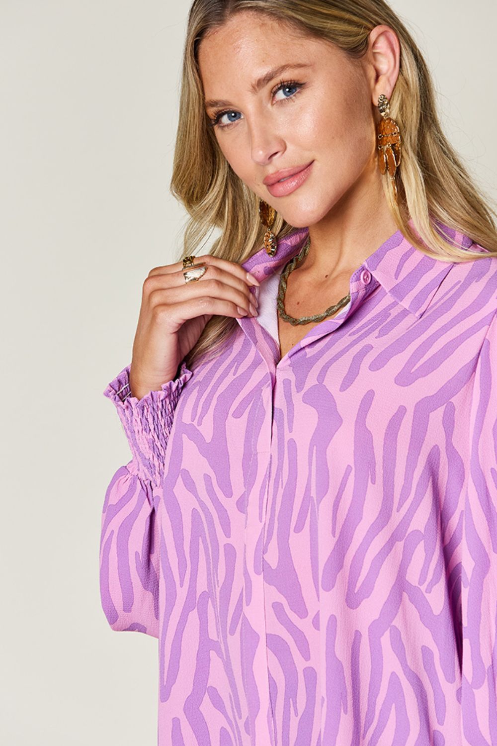 Double Take Full Size Printed Smocked Long Sleeve Blouse - Loulou Boutique