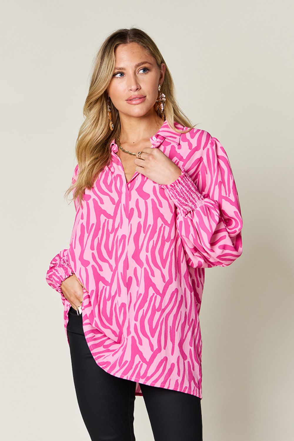 Double Take Full Size Printed Smocked Long Sleeve Blouse - Loulou Boutique