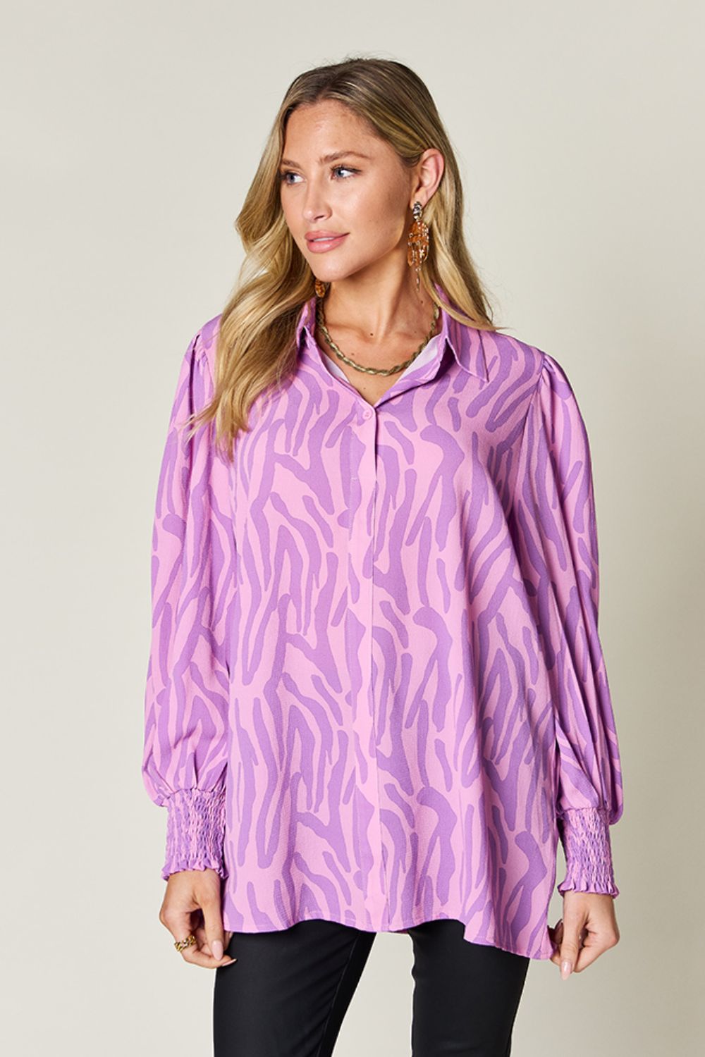 Double Take Full Size Printed Smocked Long Sleeve Blouse - Loulou Boutique