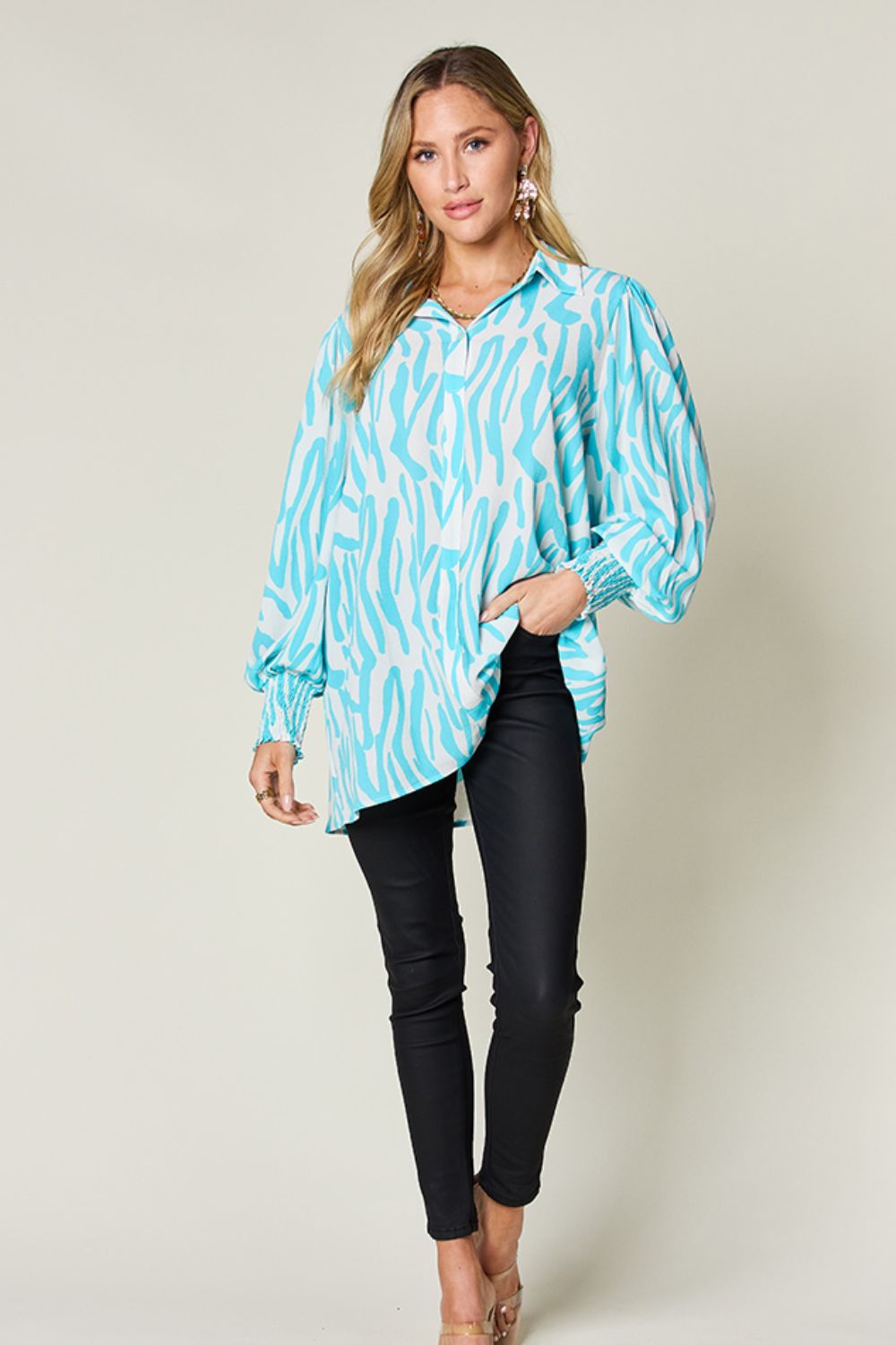 Double Take Full Size Printed Smocked Long Sleeve Blouse - Loulou Boutique