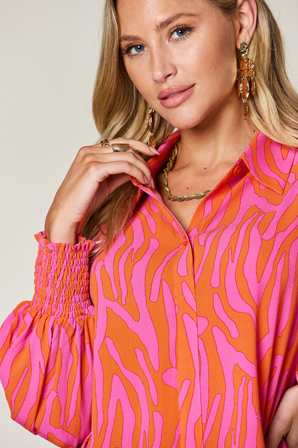 Double Take Full Size Printed Smocked Long Sleeve Blouse - Loulou Boutique