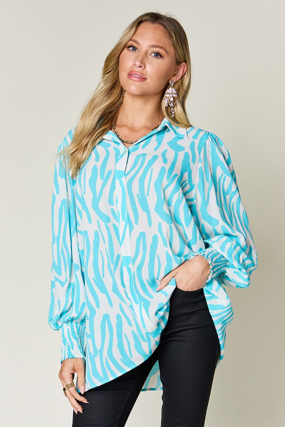 Double Take Full Size Printed Smocked Long Sleeve Blouse - Loulou Boutique