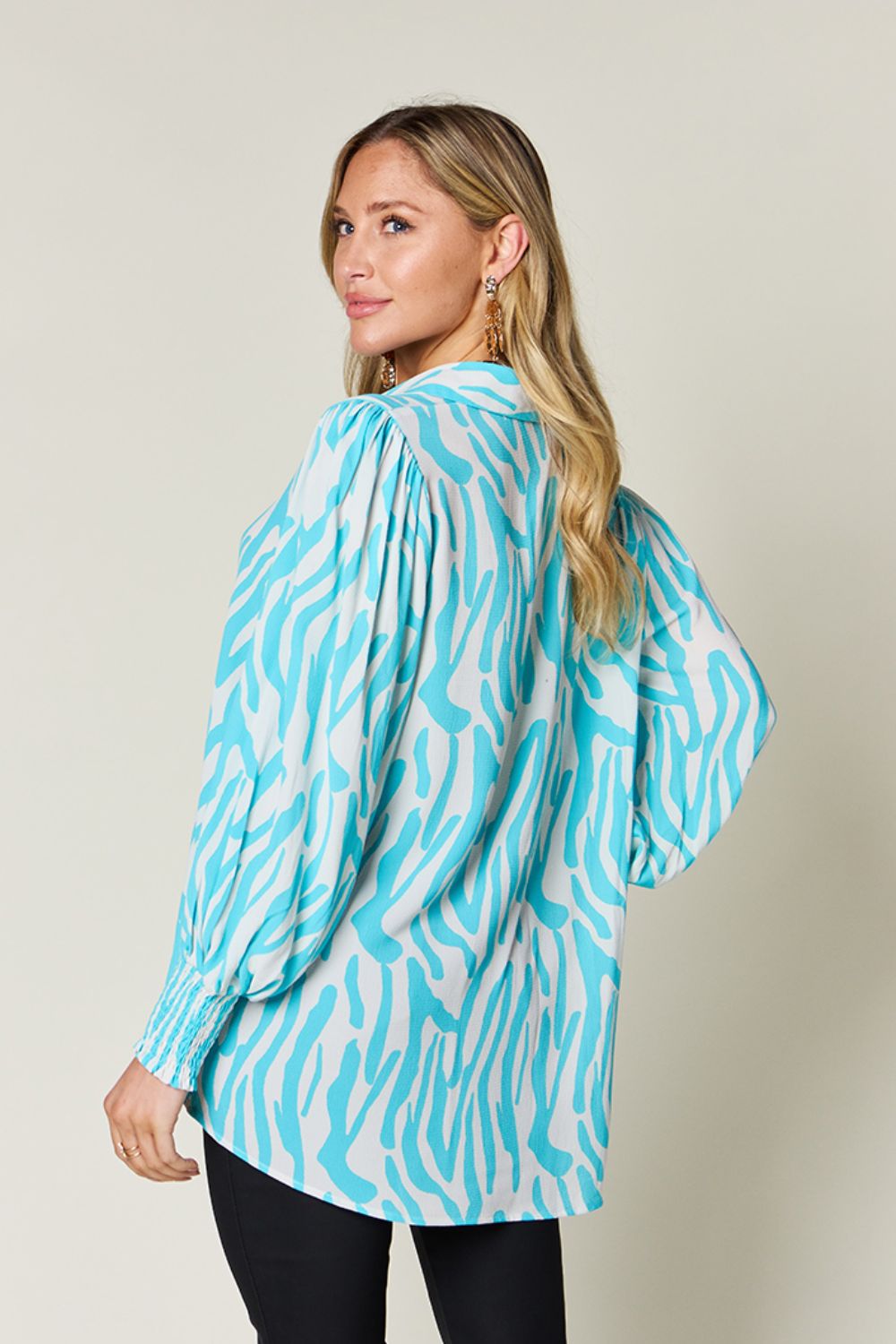 Double Take Full Size Printed Smocked Long Sleeve Blouse - Loulou Boutique