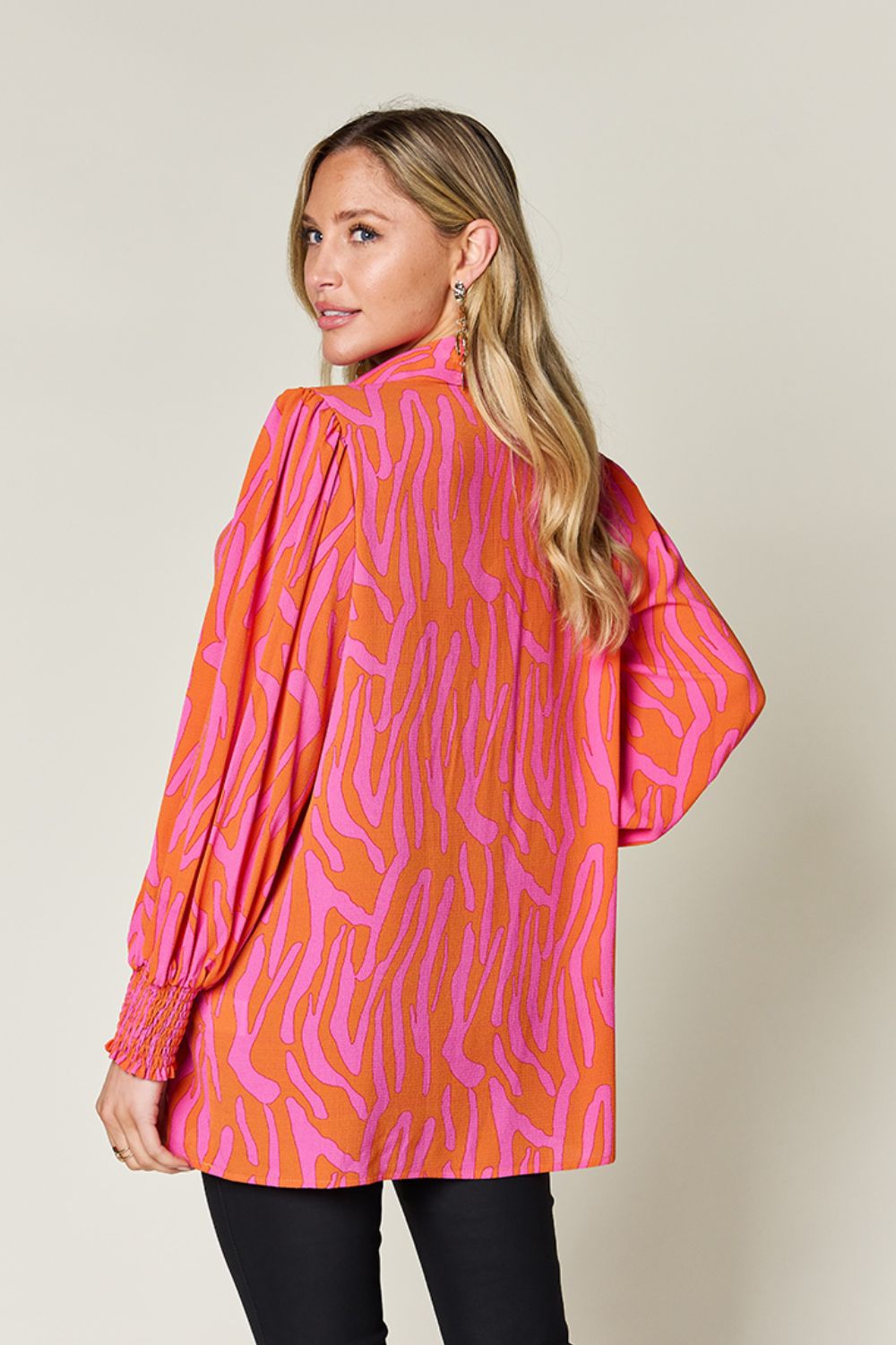 Double Take Full Size Printed Smocked Long Sleeve Blouse - Loulou Boutique