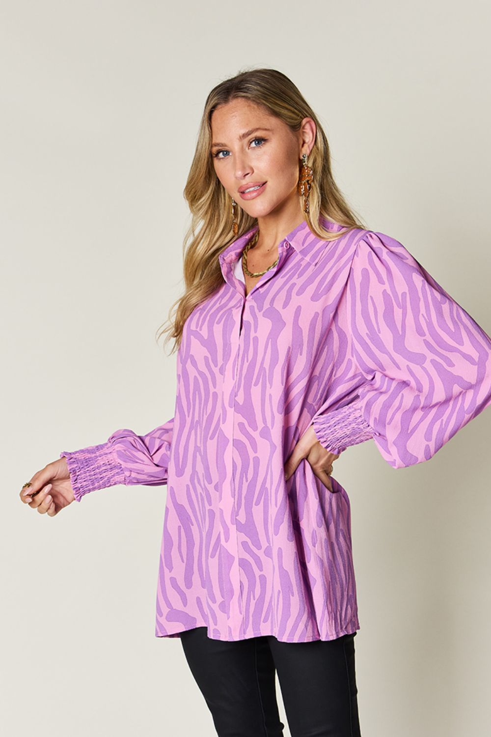 Double Take Full Size Printed Smocked Long Sleeve Blouse - Loulou Boutique