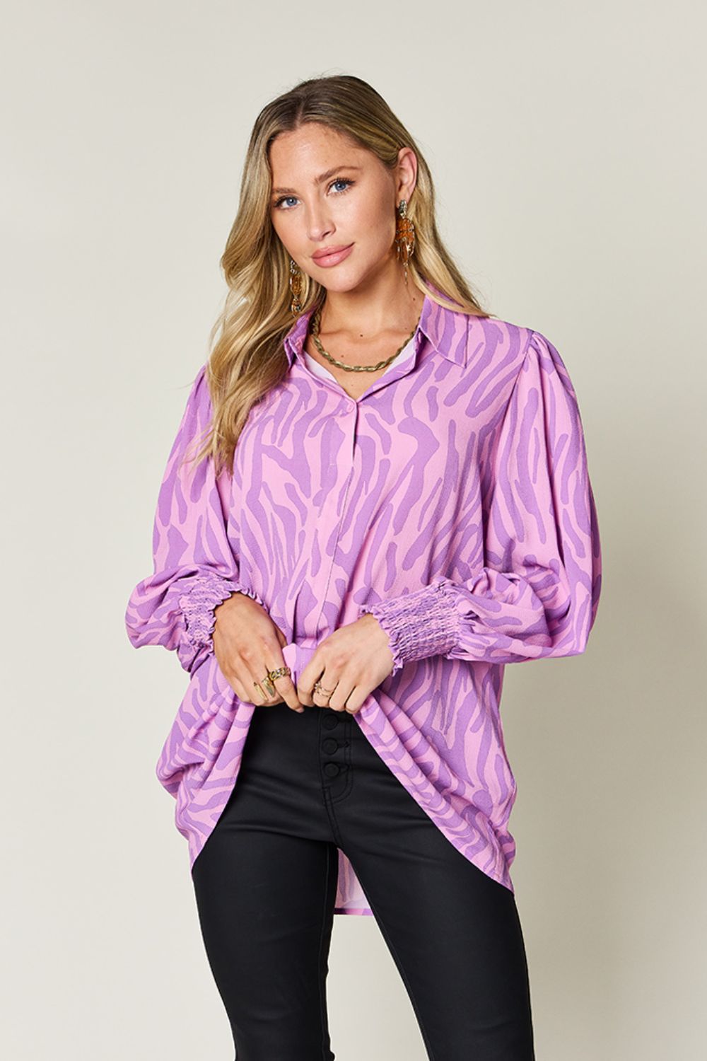 Double Take Full Size Printed Smocked Long Sleeve Blouse - Loulou Boutique