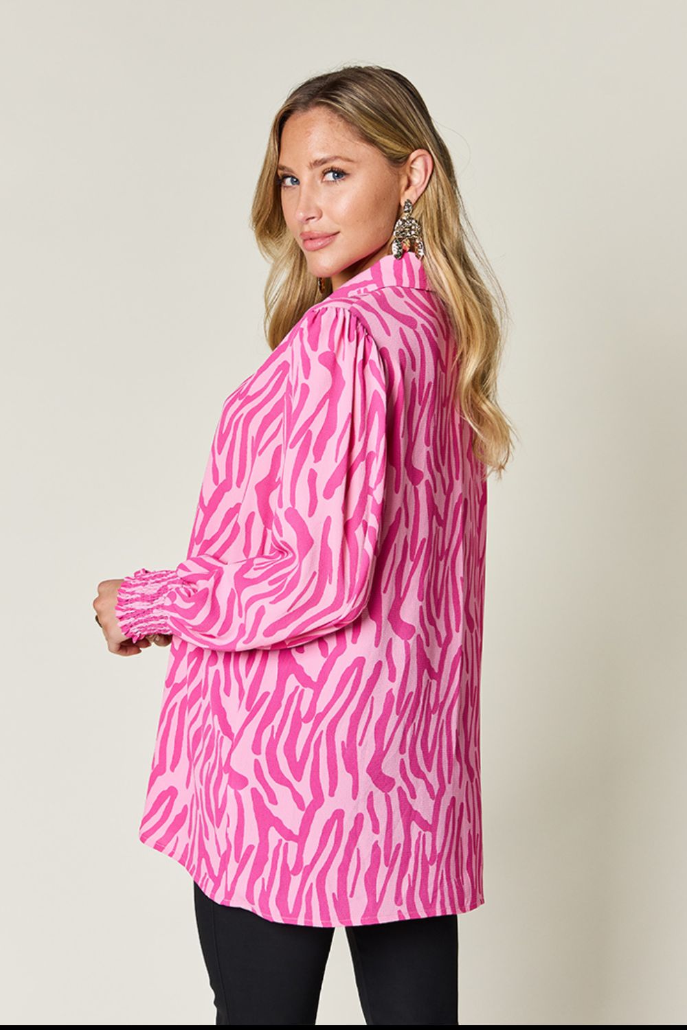 Double Take Full Size Printed Smocked Long Sleeve Blouse - Loulou Boutique