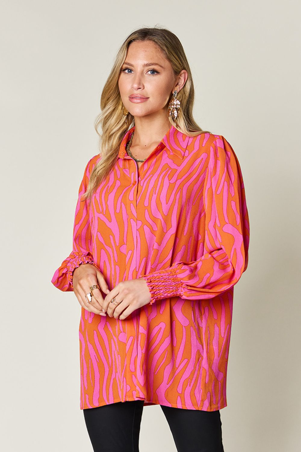 Double Take Full Size Printed Smocked Long Sleeve Blouse - Loulou Boutique