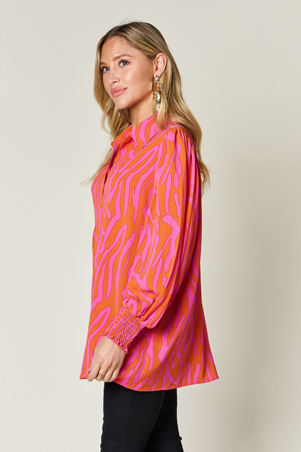 Double Take Full Size Printed Smocked Long Sleeve Blouse - Loulou Boutique