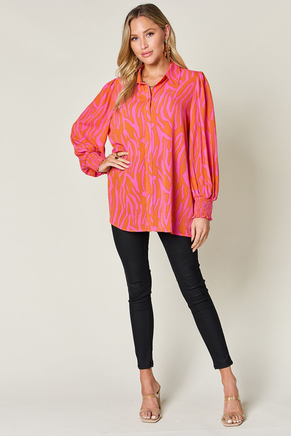 Double Take Full Size Printed Smocked Long Sleeve Blouse - Loulou Boutique