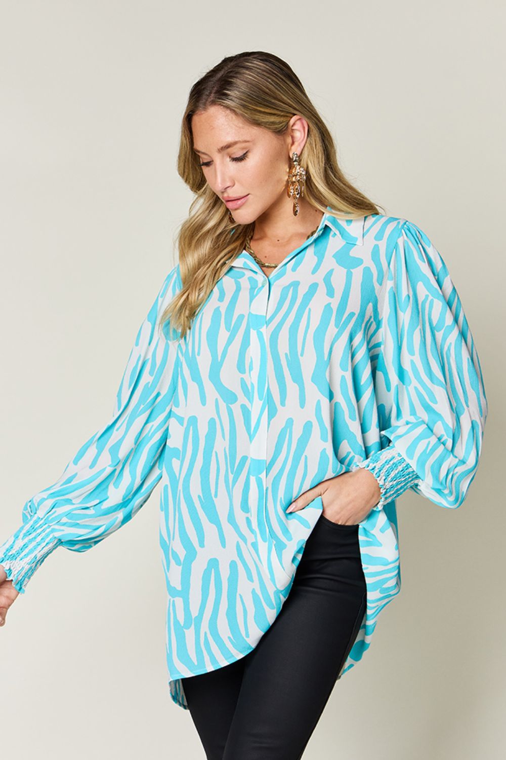 Double Take Full Size Printed Smocked Long Sleeve Blouse - Loulou Boutique