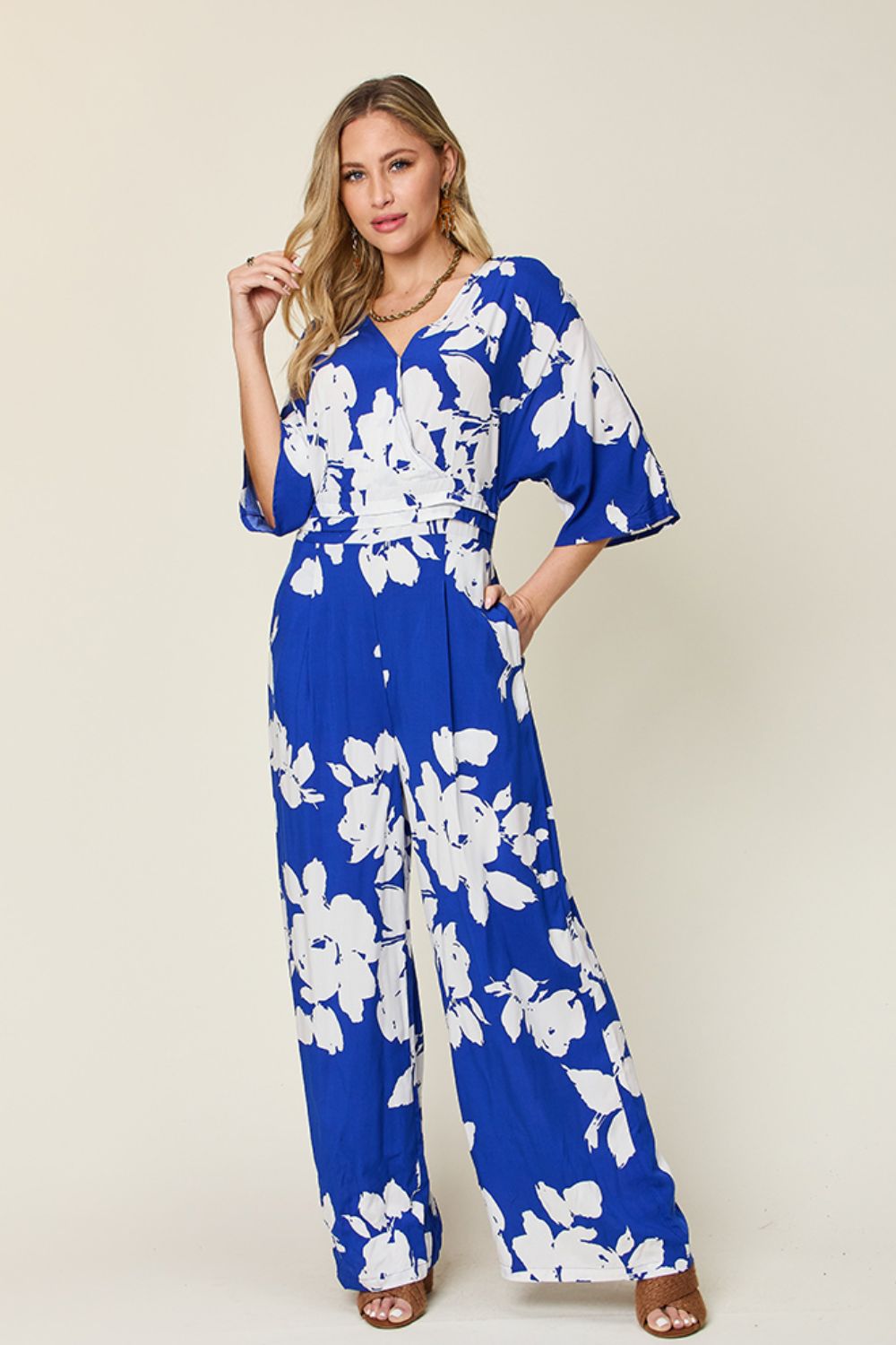 Double Take Full Size Printed Tie Back Wide Leg Jumpsuit - Loulou Boutique