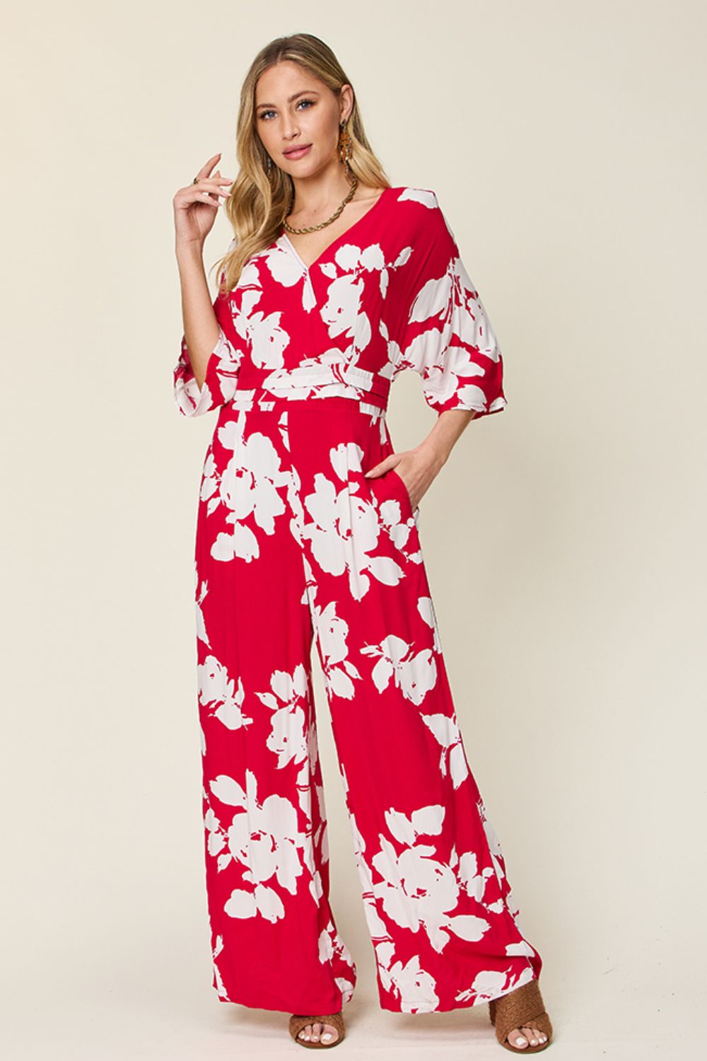 Double Take Full Size Printed Tie Back Wide Leg Jumpsuit - Loulou Boutique