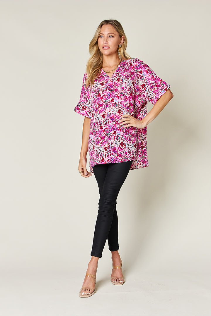 Double Take Full Size Printed V - Neck Short Sleeve Blouse - Loulou Boutique