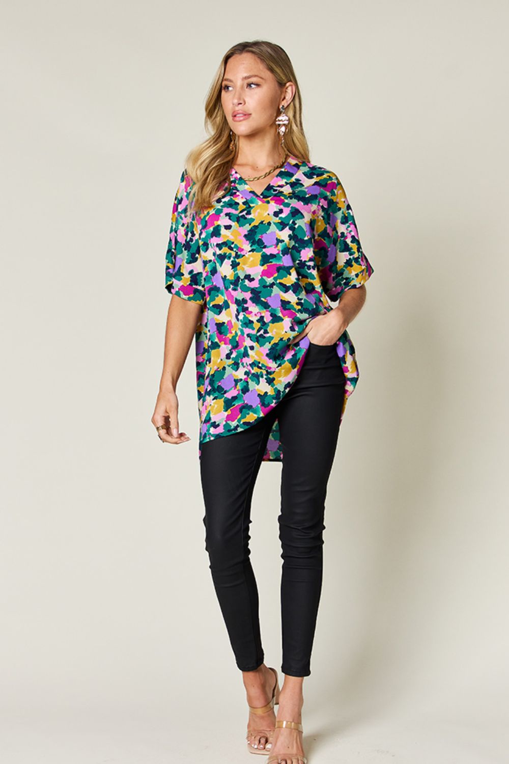 Double Take Full Size Printed V - Neck Short Sleeve Blouse - Loulou Boutique