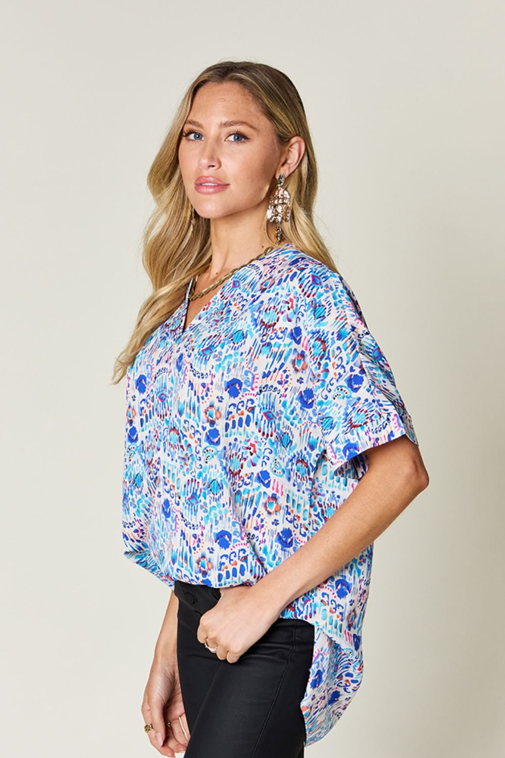 Double Take Full Size Printed V - Neck Short Sleeve Blouse - Loulou Boutique