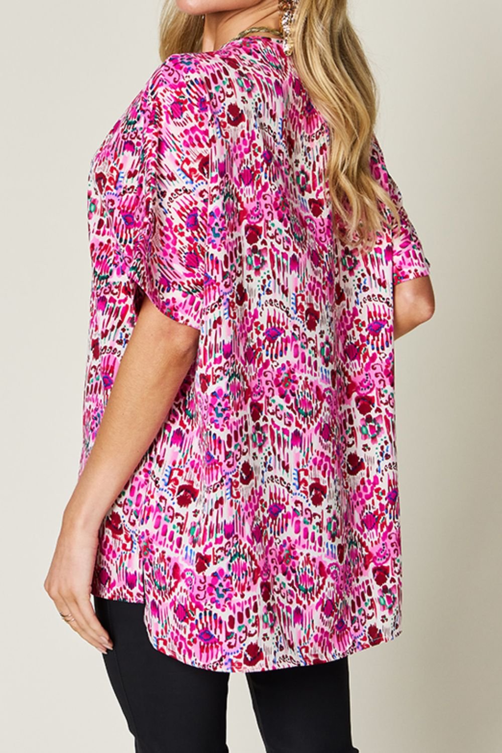 Double Take Full Size Printed V - Neck Short Sleeve Blouse - Loulou Boutique