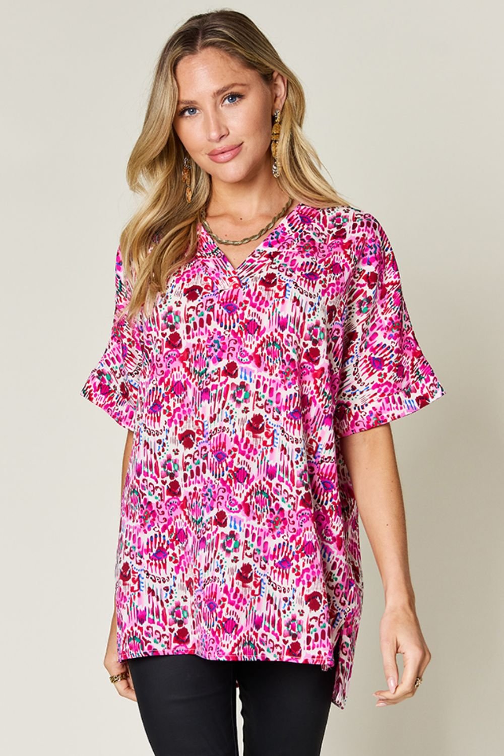 Double Take Full Size Printed V - Neck Short Sleeve Blouse - Loulou Boutique