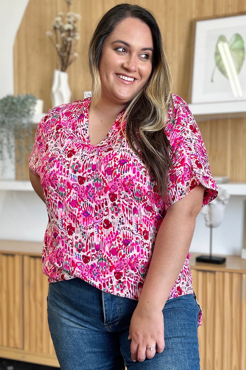 Double Take Full Size Printed V - Neck Short Sleeve Blouse - Loulou Boutique