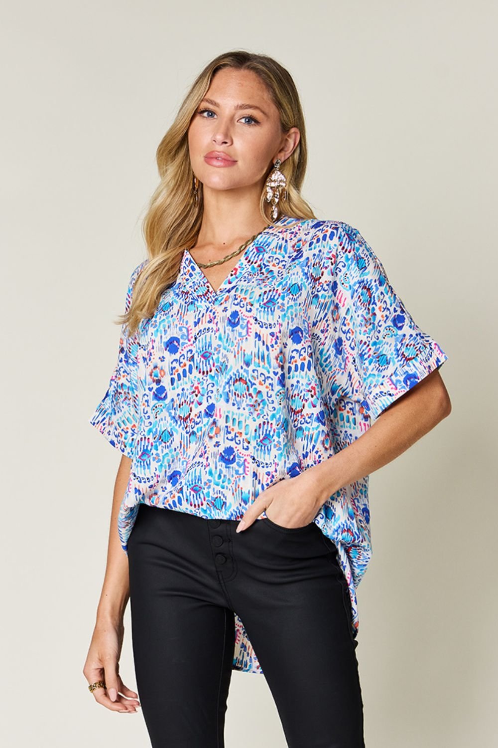 Double Take Full Size Printed V - Neck Short Sleeve Blouse - Loulou Boutique