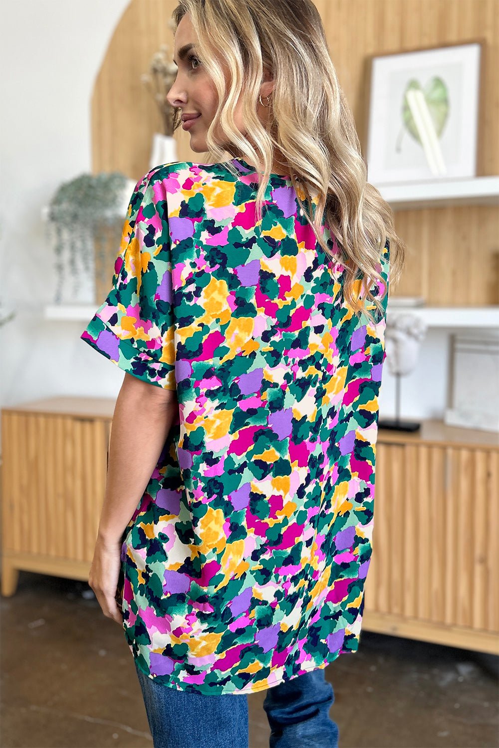 Double Take Full Size Printed V - Neck Short Sleeve Blouse - Loulou Boutique